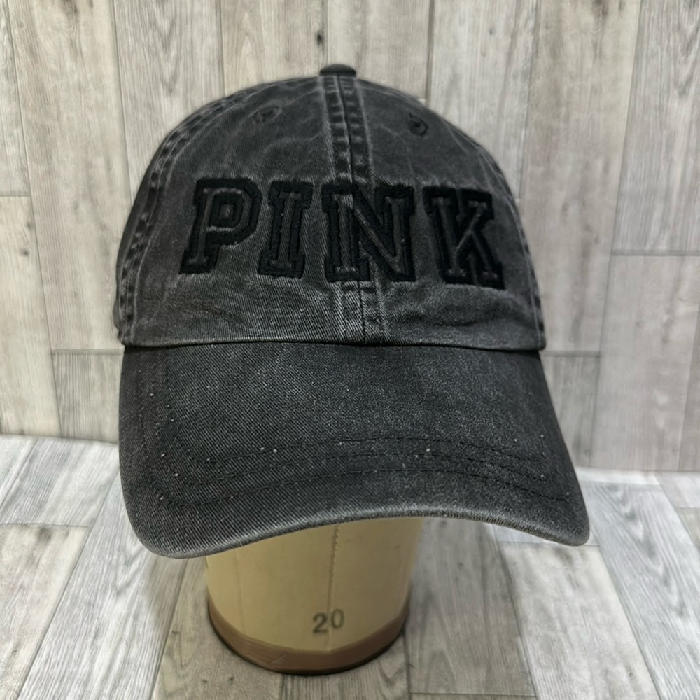 Pink Victoria’s Secret black distressed baseball cap hat
